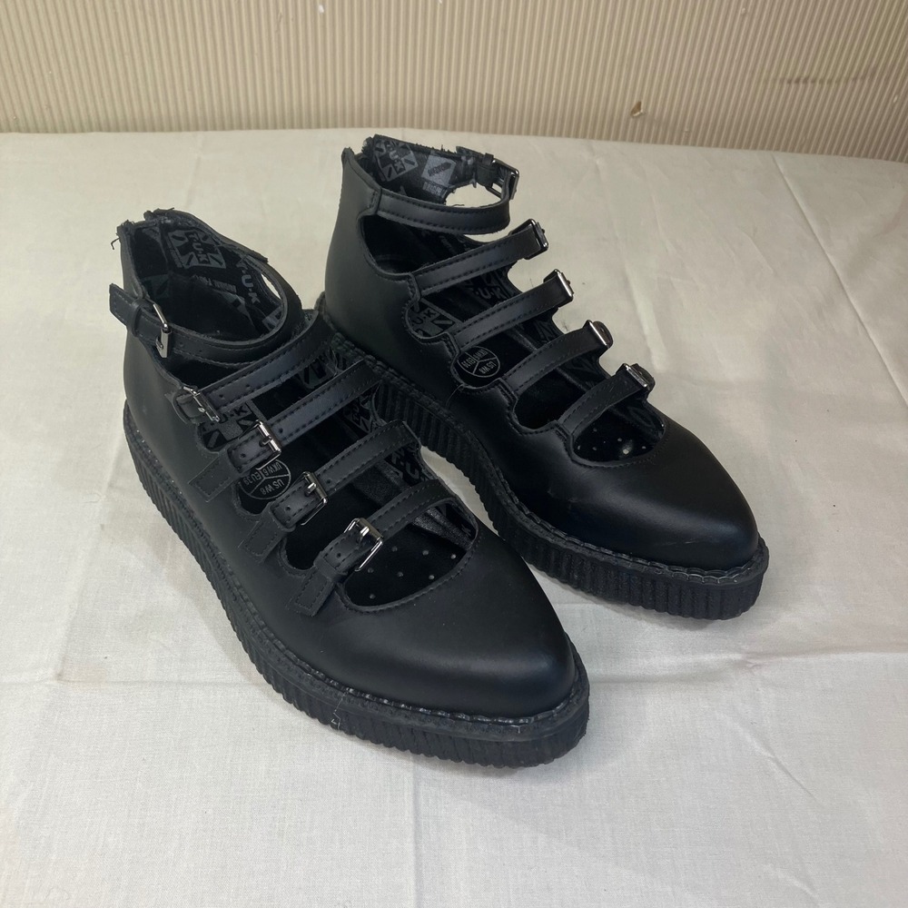 TUK Black Vegan Multi Strap Pointed Creeper Shoes A9417L Mens 6 Womens 8 EU 39